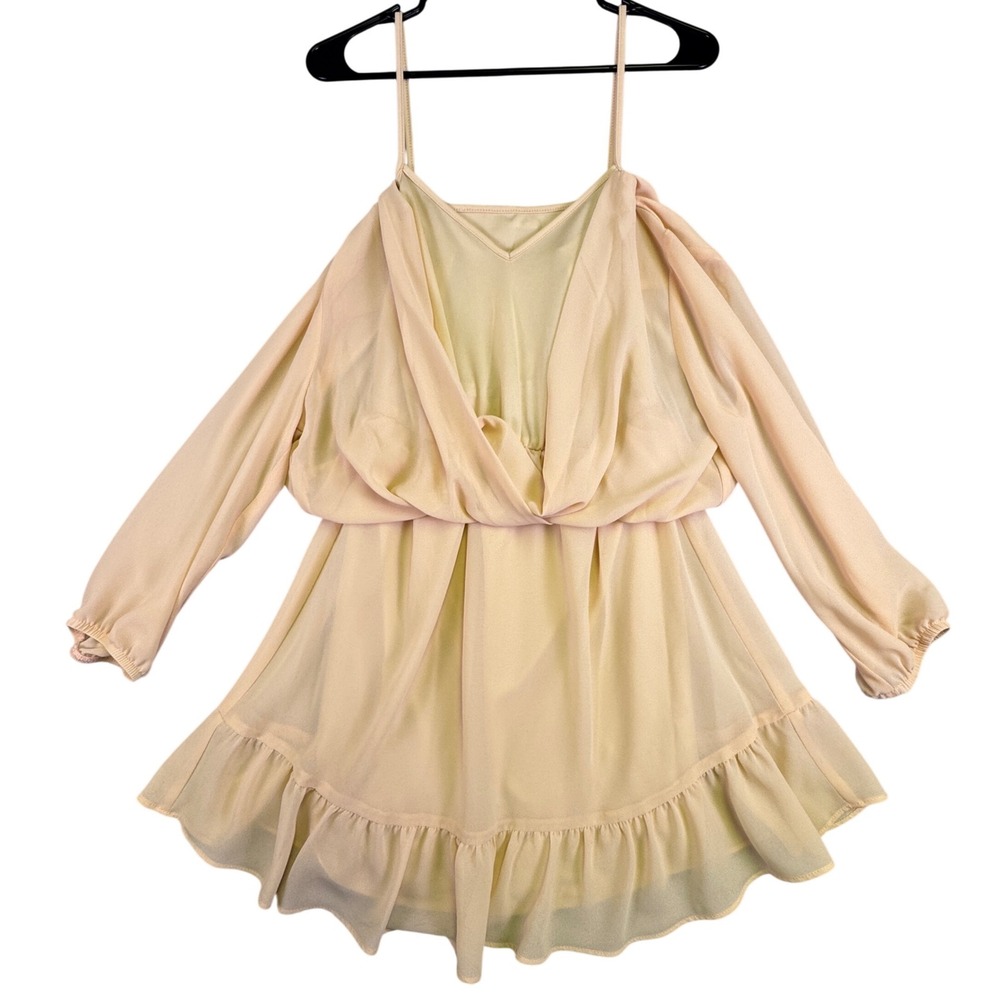 OOTD Dress Women's Medium Peach Chiffon Cold Shoulder Ruffle Mini Made in USA